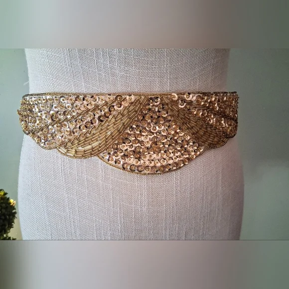 80s "Milor" Gold Sequin & Beaded Cummerbund Belt - Metallic Shades of Gold - Picture 6 of 9